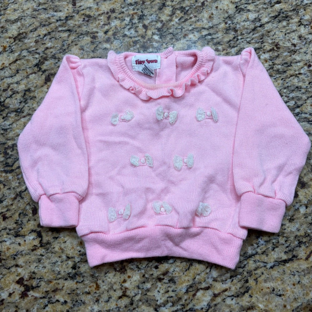 Vintage Tiny Town Pink Knit Ruffle Collar Sweater Lace Bows Kids Size 18 Months